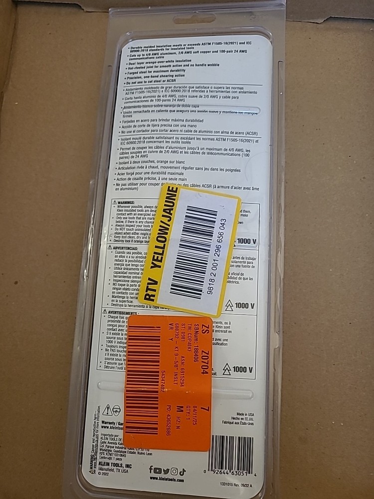 Klein Tools 63050-INS High Leverage Cable Cutter 1000V 9-5/8"