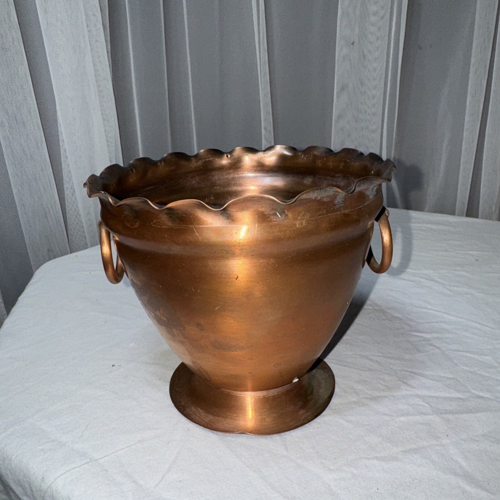 Solid Copper Pot Planter Vase Double Handle Scalloped Made In USA Hand Hammered