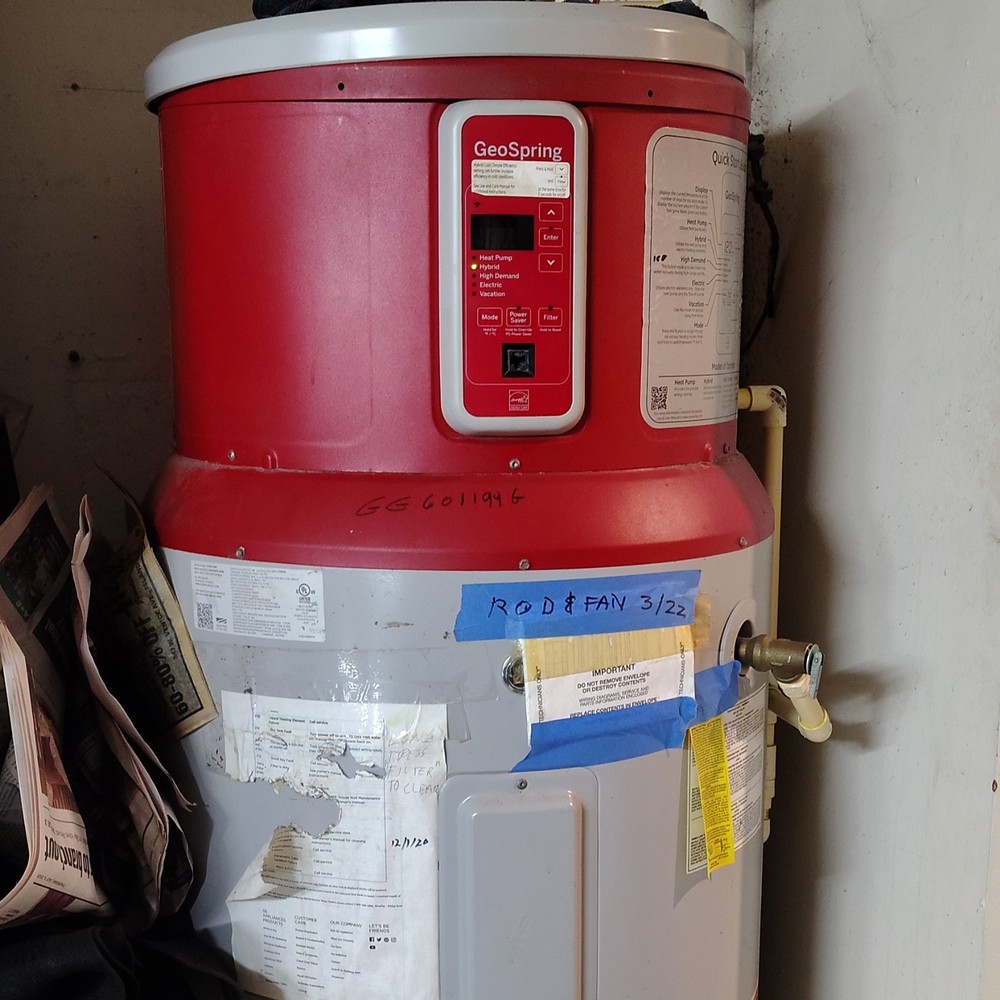 GeoSpring Heat Pump Electric Water Heater Red Gray High Demand Storage Tank