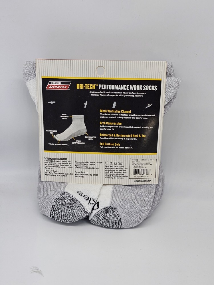 Dickies Men Dri-tech Quarter Performance Work Socks White 5-Pr Extended Sz 12-15