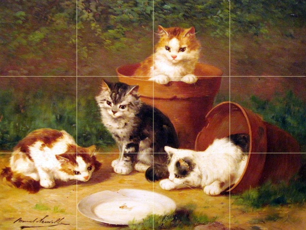 Kittens cat and pots Tile Mural Kitchen Bathroom Wall Backsplash Marble Ceramic