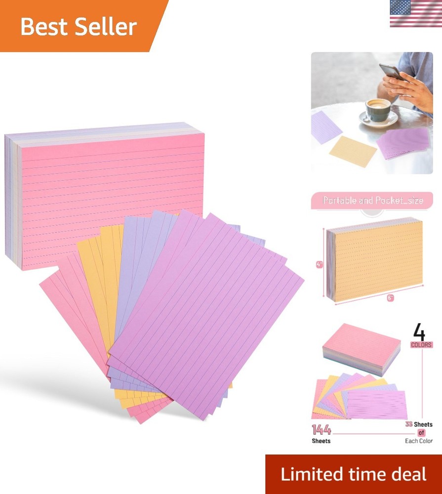 Vibrant 4x6 Lined Index Cards - 144 Durable Study Note Cards for Organization