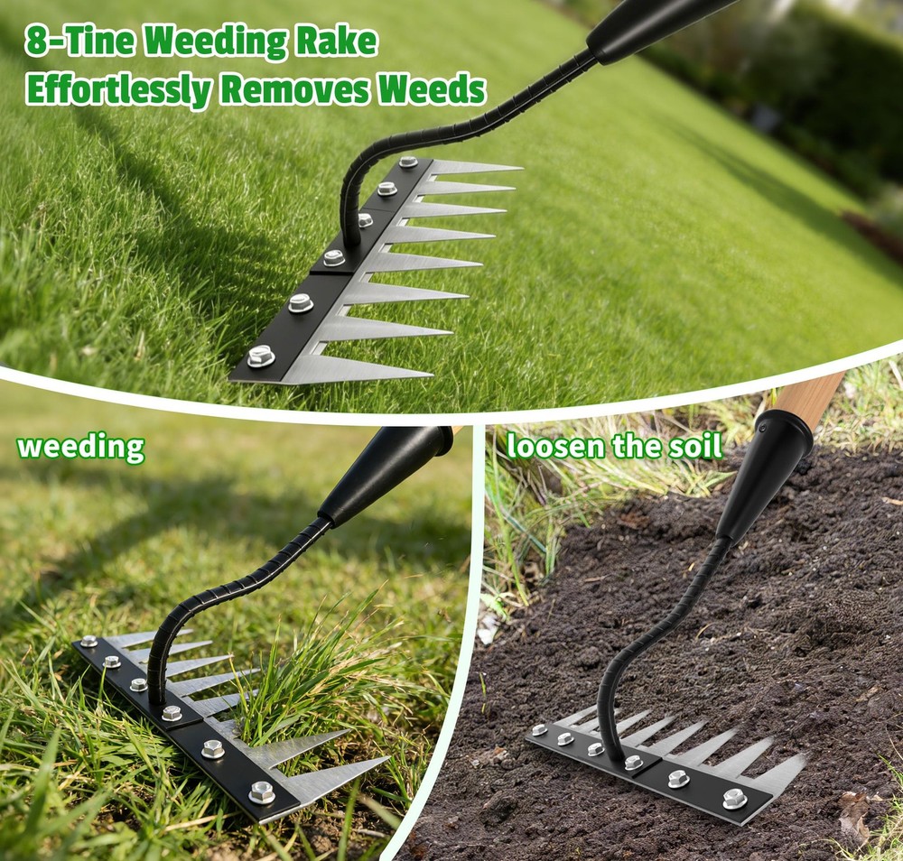 ATLRGISL Iron Weed Rake with Wooden Long Handle 2.0, 8 Teeth Weed Puller Tool...
