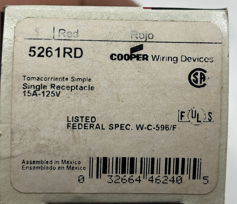 COOPER 5261RD SINGLE RECEPTACLE 15 AMP, 125 VOLT ⭐