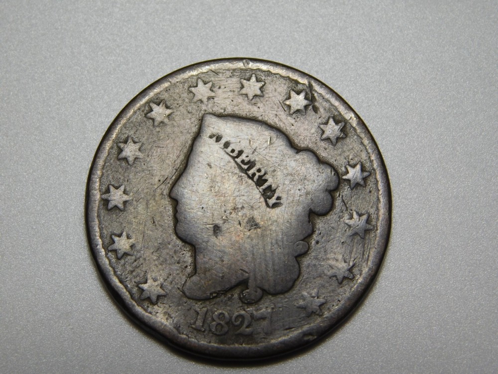 OLD US COPPER COINS 1827 CORONET HEAD LARGE CENT