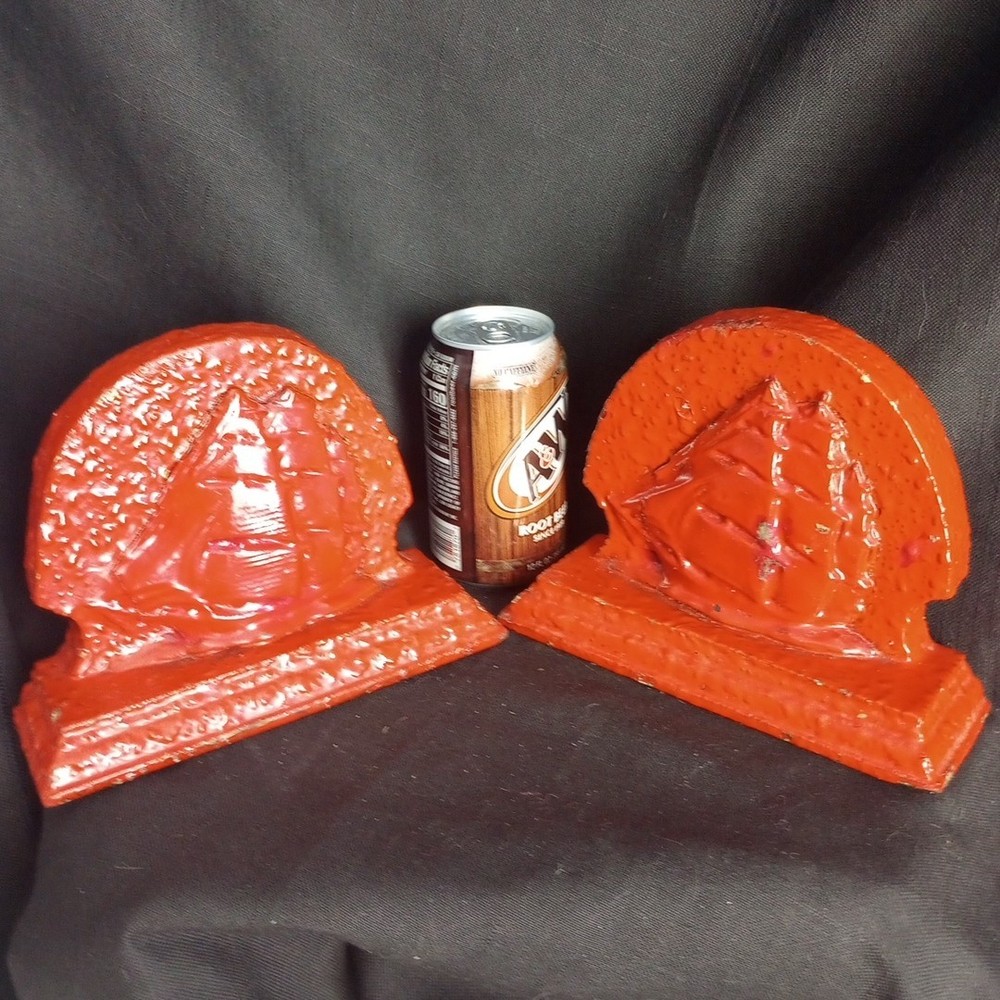 Vintage Orange Red Painted Bumpy Composite Ship Bookends Rustic As Is 5.75" Tall