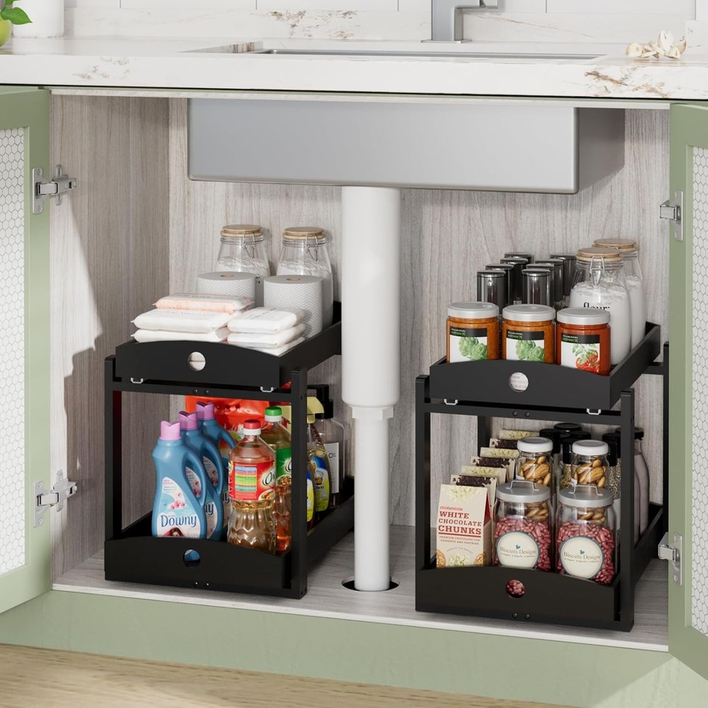 Eco-Friendly Bamboo Under Sink Organizer - 2-Tier Pull-Out with Sliding Drawers