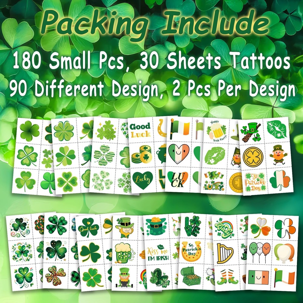 180Pcs St-Patricks Day Temporary Tattoos - Shamrock St Patrick's