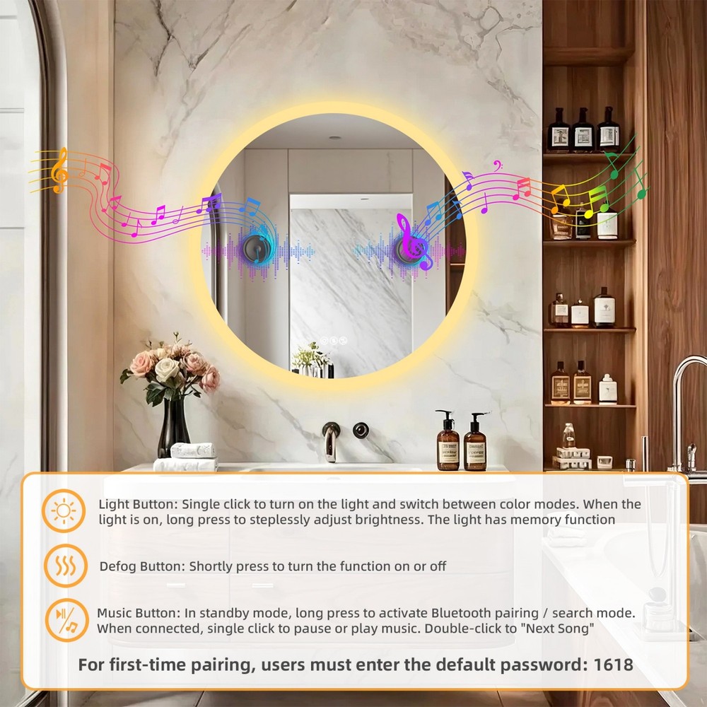 32” LED Bathroom Mirror Built-in Bluetooth Speaker Backlight Wall Vanity Mirror