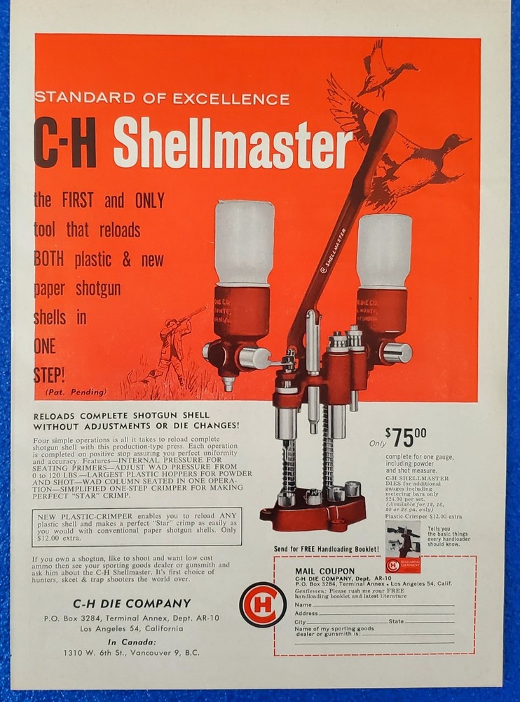 1961 CH RELOADING EQUIPMENT SHELLMASTER BENCHTOP LOADER ORIGINAL AMMO PRINT AD
