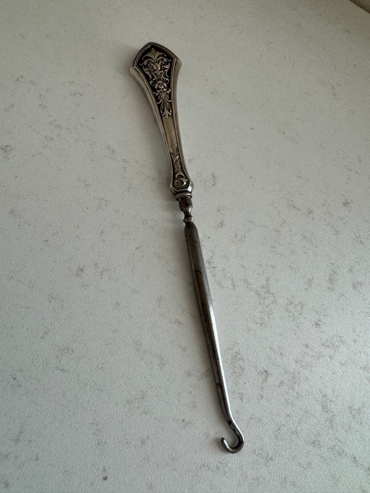 Antique Webster Sterling Silver Handle Button Hook Floral & Scrolling Decoration