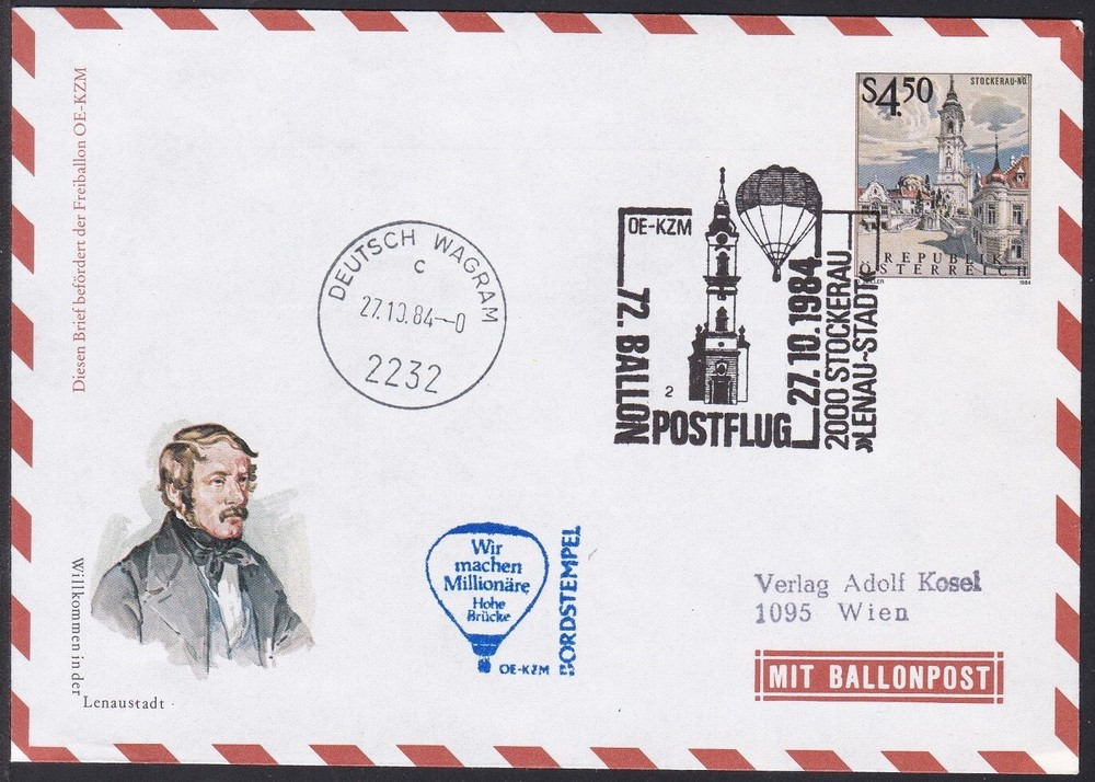 BPC0070 Balloon Post Cover, Austria, Stockerau - Deutsch-Wagram