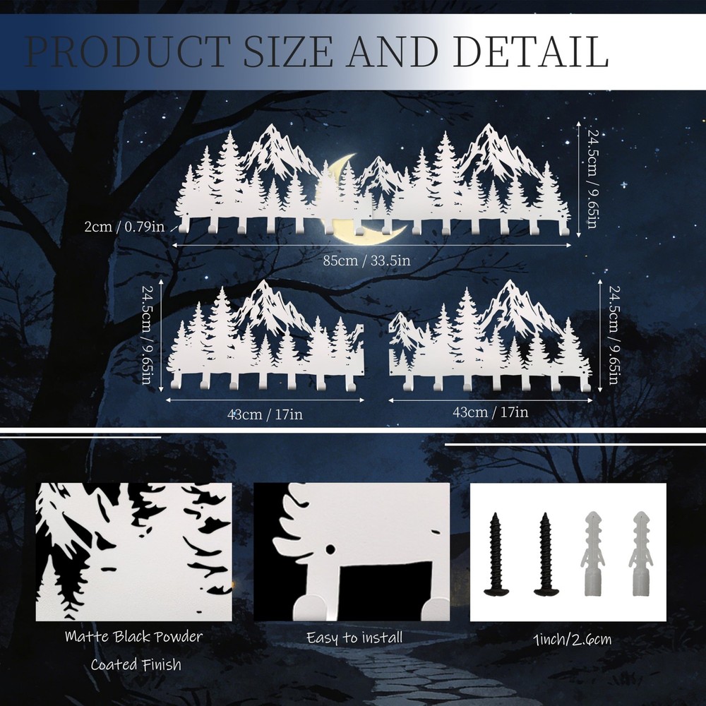 Large White Mountain Wall Mount with 14 Hooks, Decorative Forest Art Wall Han...