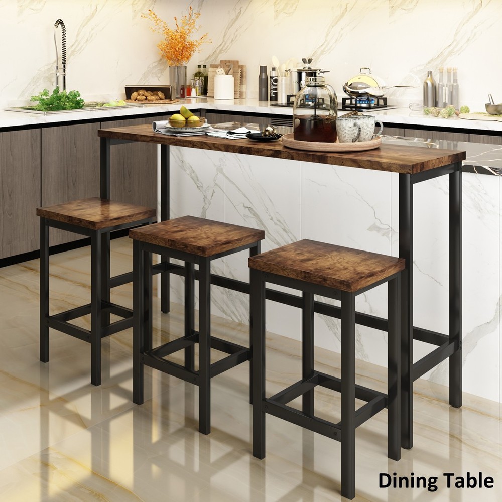 Dining Table Set with 3 Stools Pub Kitchen Set Side Table with Footrest Brown