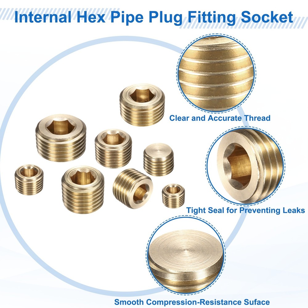 12Pcs 1/8 NPT Brass Pipe Plug Fitting, Male Thread Internal Hex Socket Pipe Cap