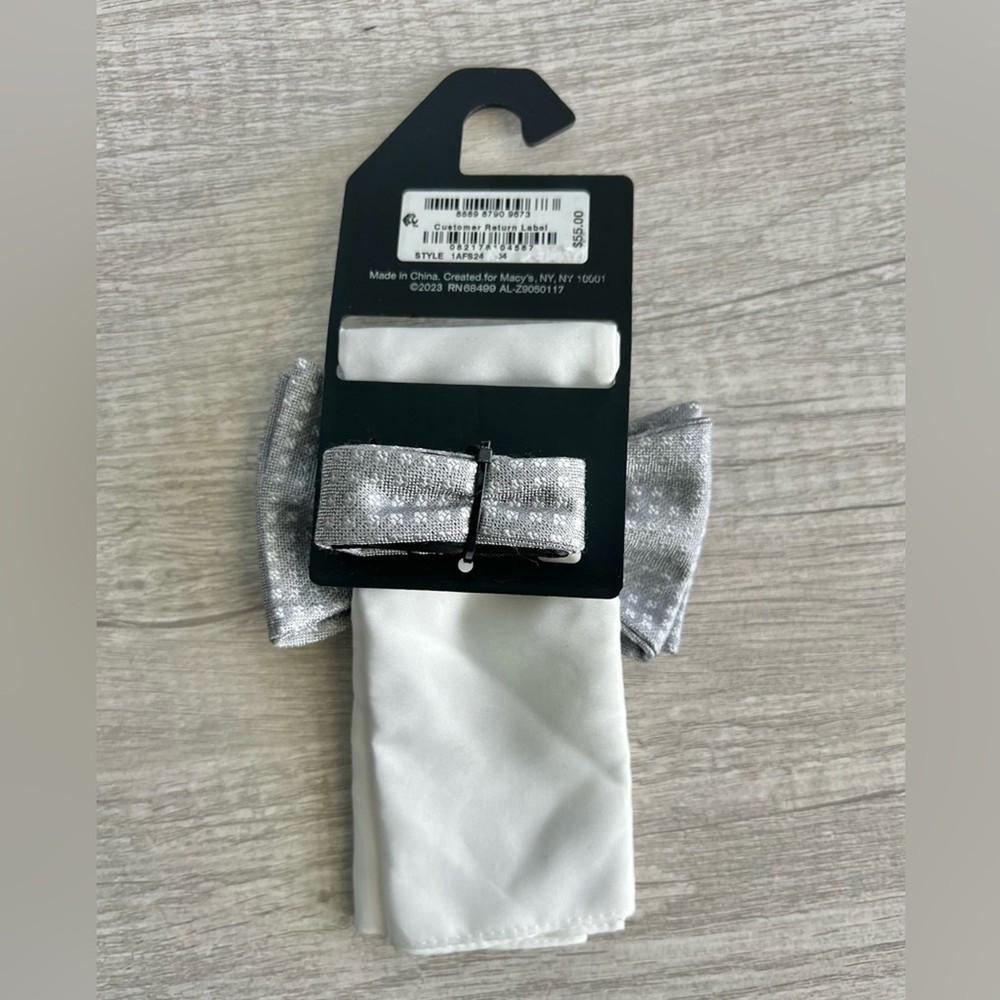 Alfani Men's Solid Texture Pocket Square and Bow Tie Gray & White