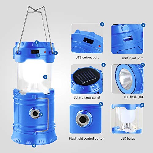 LED Camping Lantern, Solar and Rechargeable Lantern Flashlight Collapsible Blue