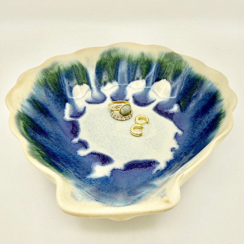 Studio Pottery Shell Dish – Signed SRP, Blue Green Drip Glaze, Handmade Ceramic