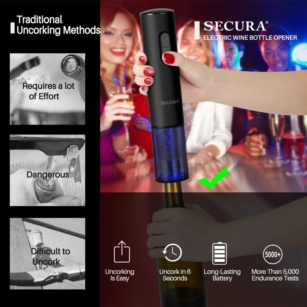 Secura Electric Wine Opener, Automatic Bottle Corkscrew Black