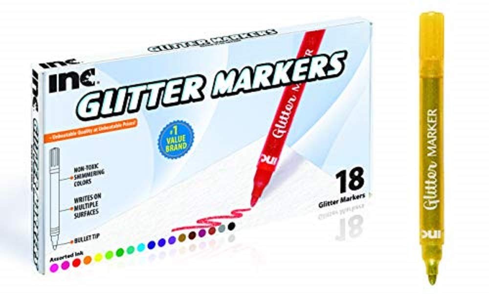Inc. Multicolor Glitter Markers - 18 Assorted Colors, Sparkly Non-Water-Based...