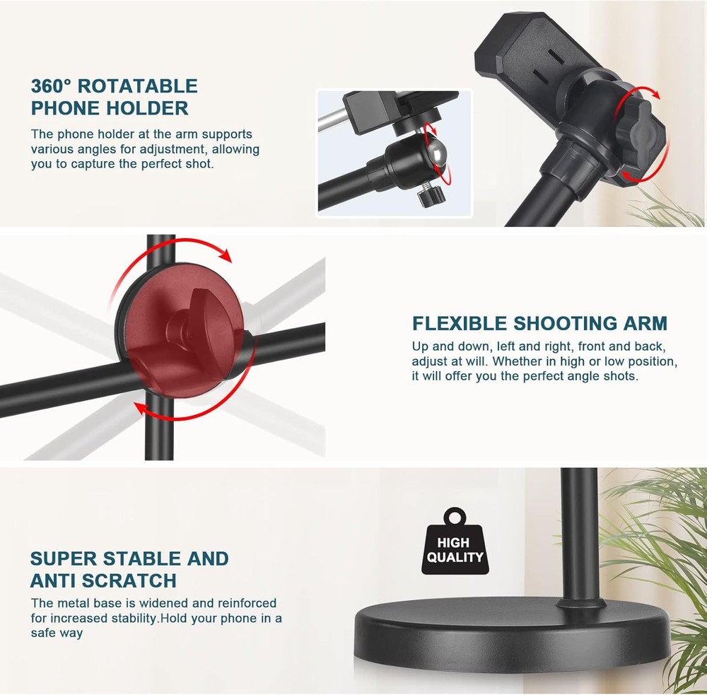 Overhead Phone Stand for Recording - Desktop Adjustable Black