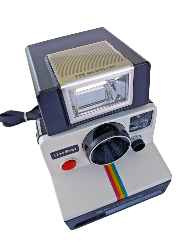Vintage Polaroid OneStep White Rainbow Stripe Camera + ITT MAGICFLASH