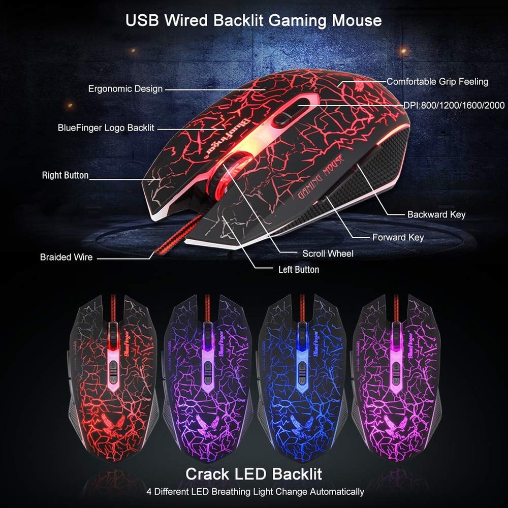 BlueFinger Backlit Gaming Keyboard and Mouse Combo,USB Wired Backlit Keyboard...