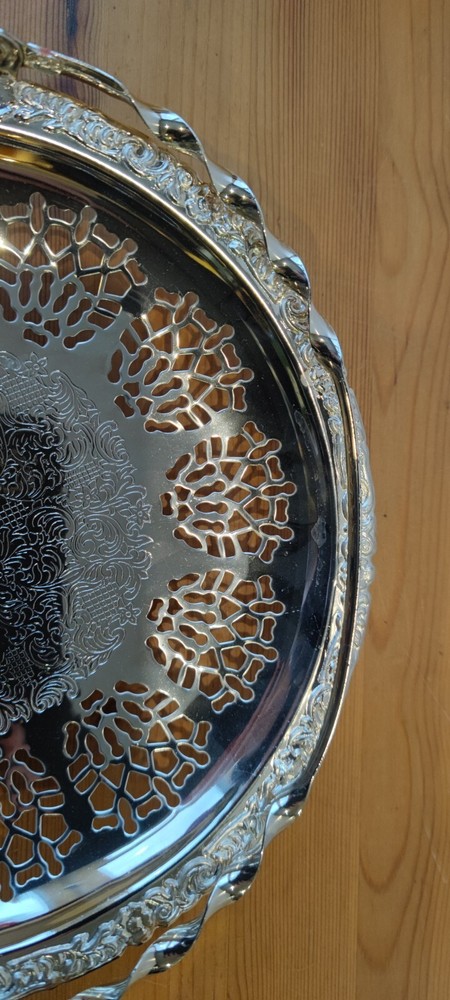 Vintage Silver Plated Cake Serving Plate. Pierced with Swing Handle - Prop/Decor