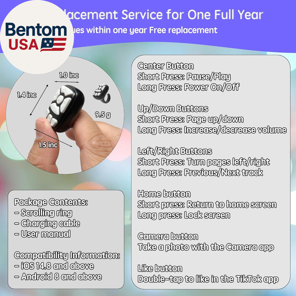 Tiktok Scrolling Ring – 8-Button Finger Tip Wireless Remote, with Camera Remote