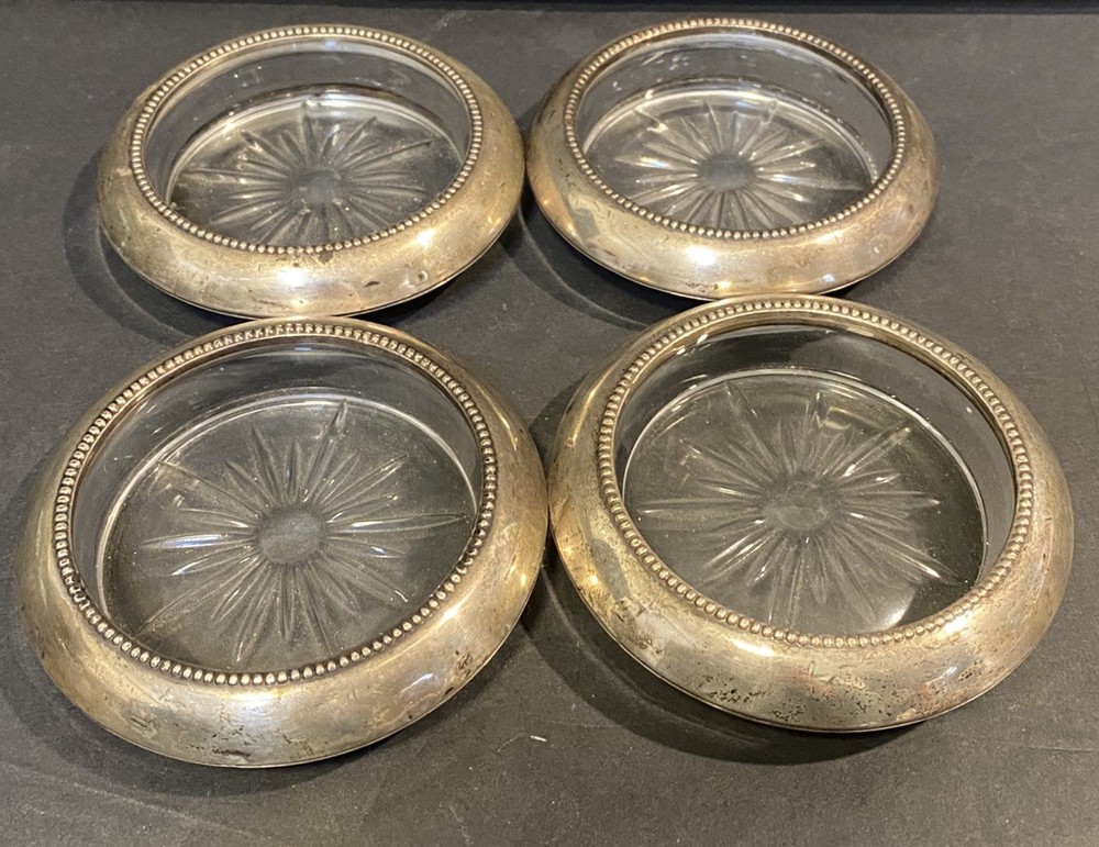 Set of 4 Frank Whiting & Co Sterling Silver & Crystal Glass Coasters