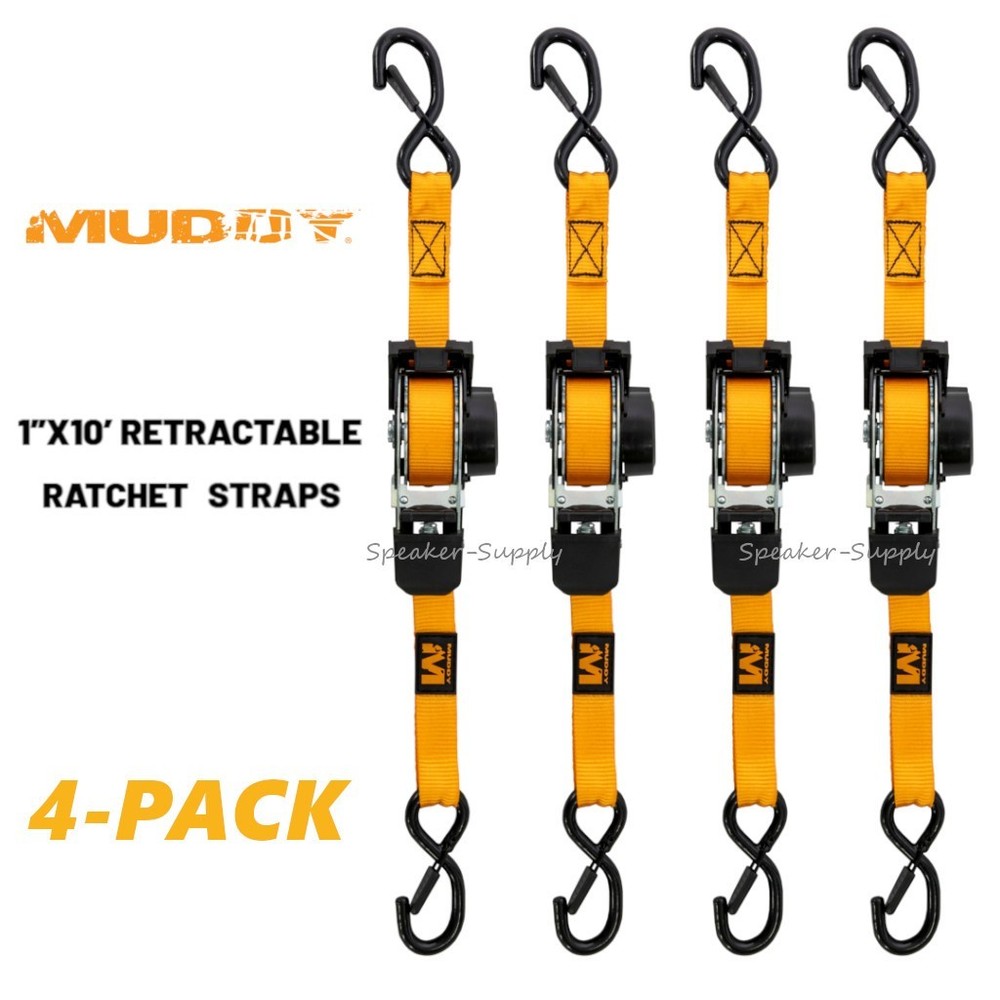 Muddy 1" x 10' Retractable Ratchet Straps 4-Pack