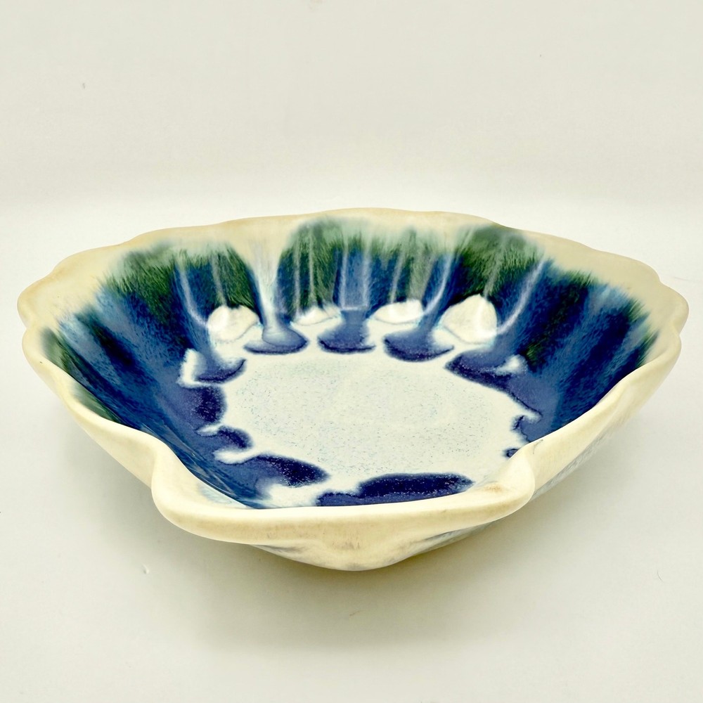 Studio Pottery Shell Dish – Signed SRP, Blue Green Drip Glaze, Handmade Ceramic