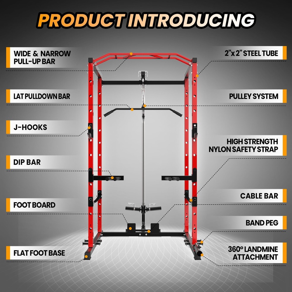 Multi-Functional Power Cage with LAT Pulldown System 1600LBS Power Rack Home Gym