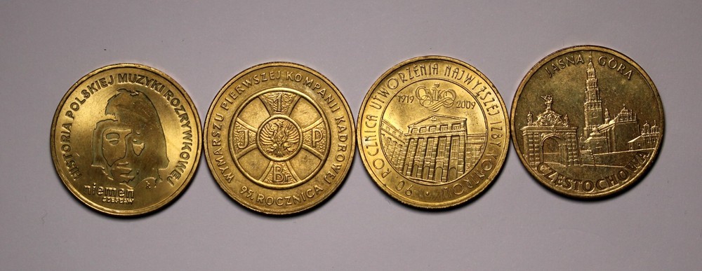 2009 Poland 2 Zlotys, 4 Different Commemorative Coins Unc