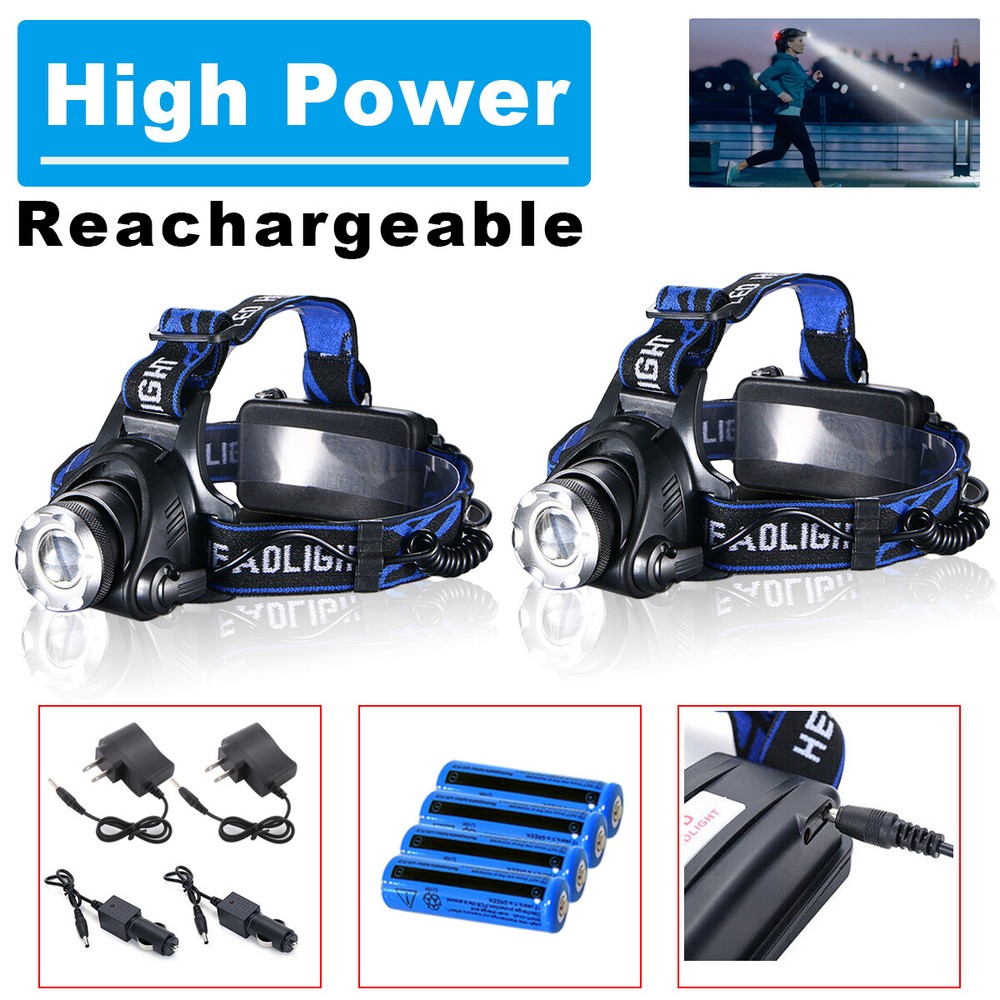 2PC 990000LM LED Headlamp Rechargeable Headlight Zoom Head Torch Lamp Flashlight