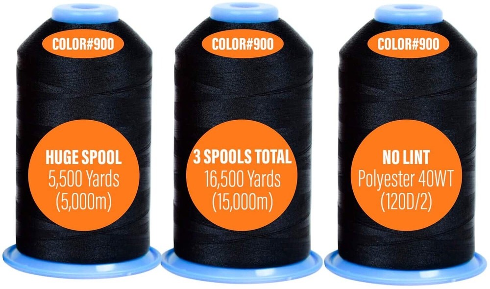 Huge Machine Embroidery Thread Black 3 Pack - Large Polyester Cones 5500 Yards