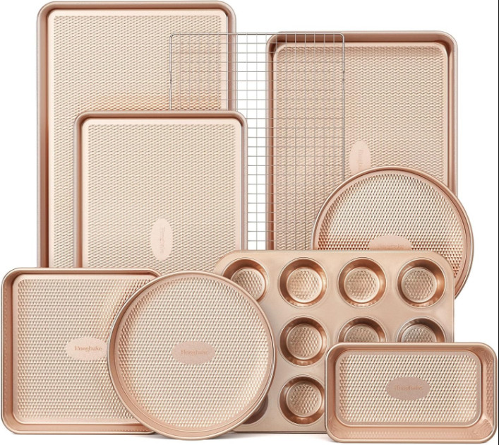 New 9-Piece Nonstick Bakeware Set – Stackable Gold Baking Pans with Rack