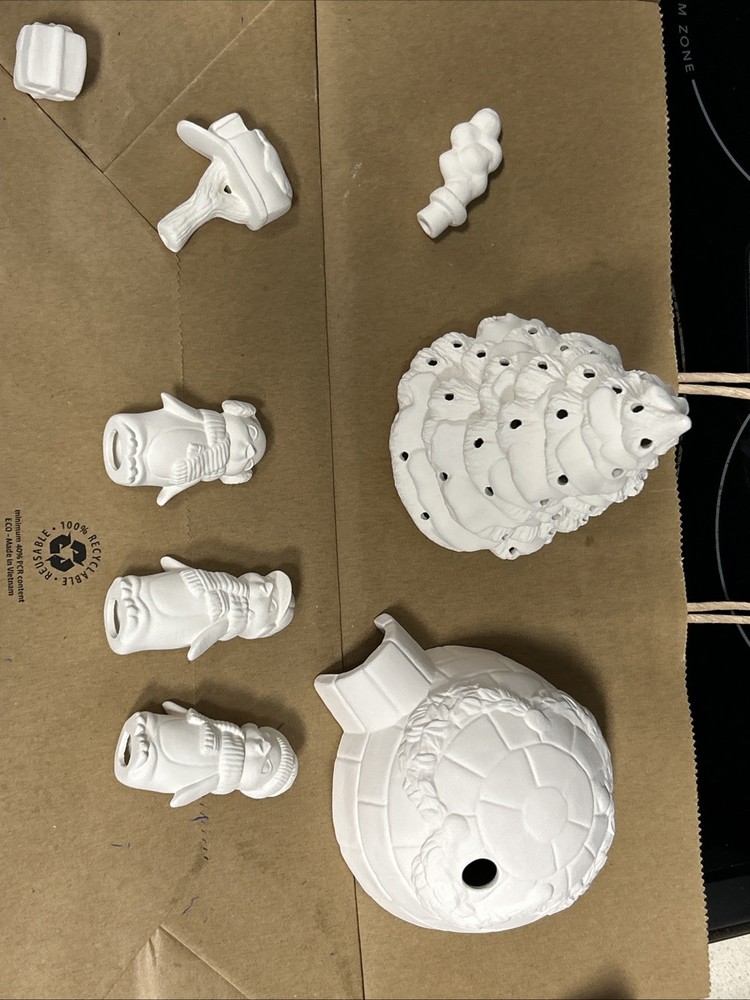 Penguins with lighted tree and igloo set ceramic bisque paint, 7 Pieces