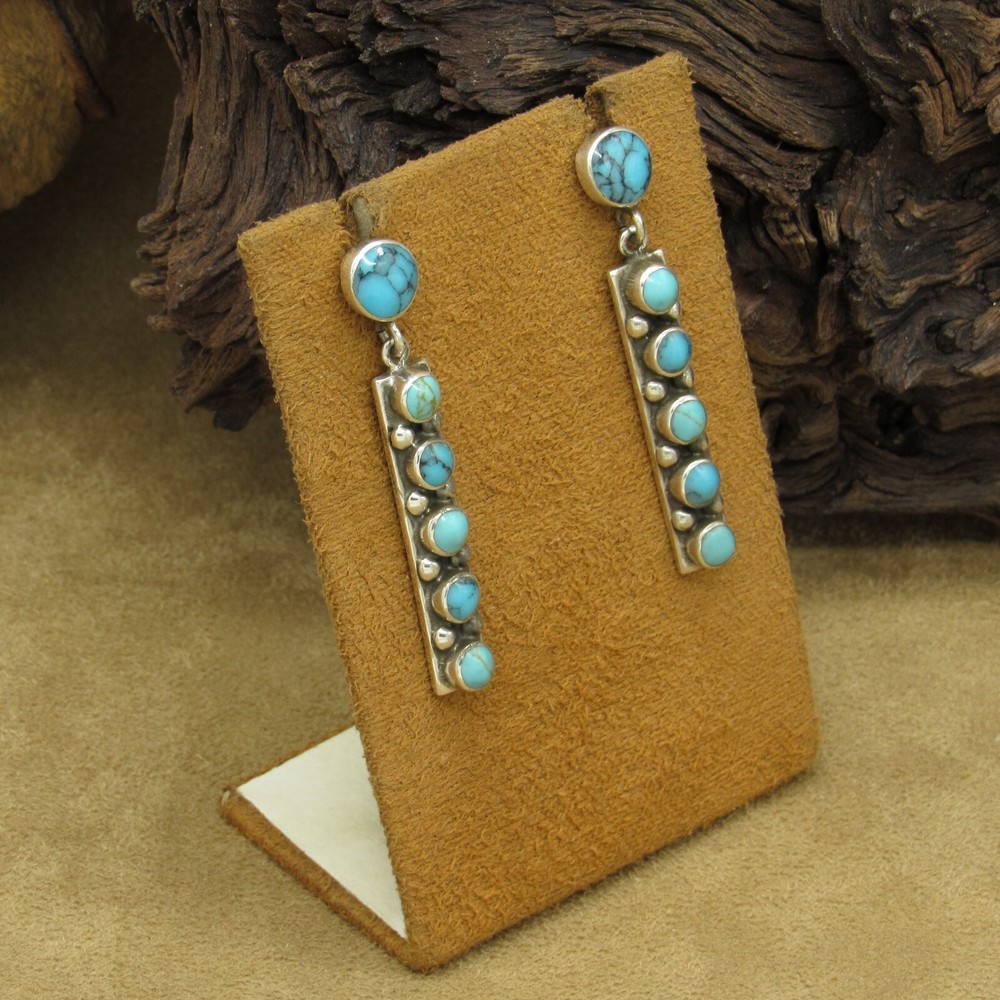 Showy Sterling Silver Block Turquoise Post Dangle Earrings
