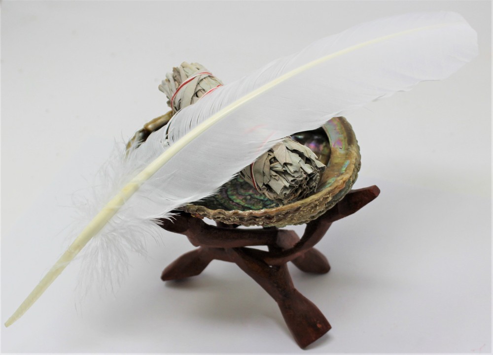 Smudge Kit Large Abalone Shell Tripod Stand White Sage Stick Feather Directions!