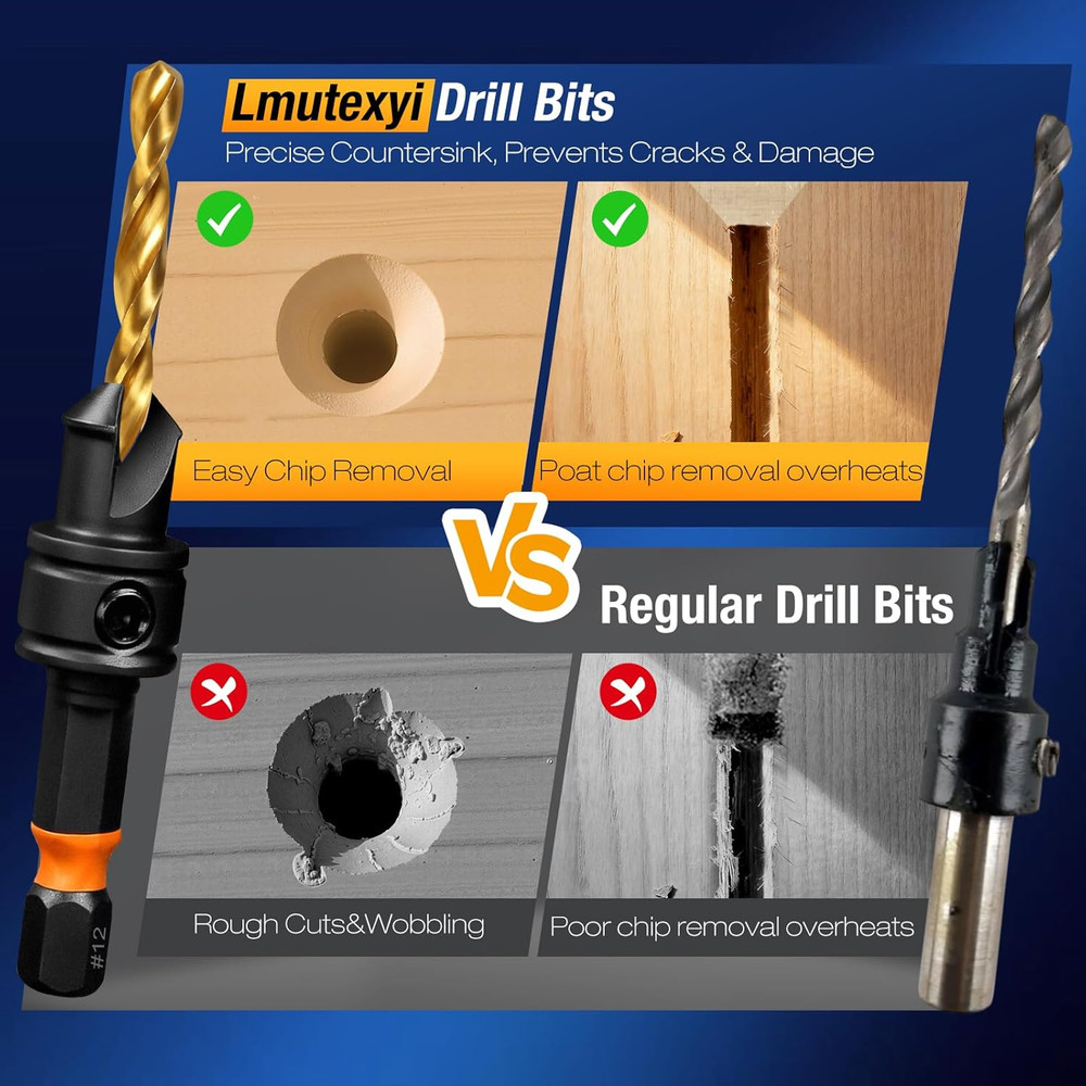 Countersink Drill Bit Set, 11pcs Countersink Drill Bits#4, #6, #8, #10, #12, Tit