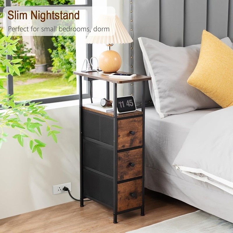 Compact End Table W/ USB Charging Station & Drawer Storage Small Spaces
