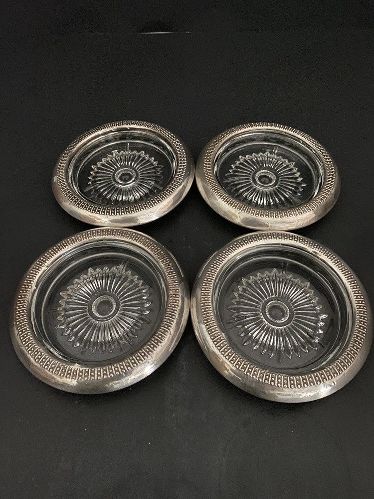 Vintage STERLING SILVER Rimmed Glass Coasters STE
