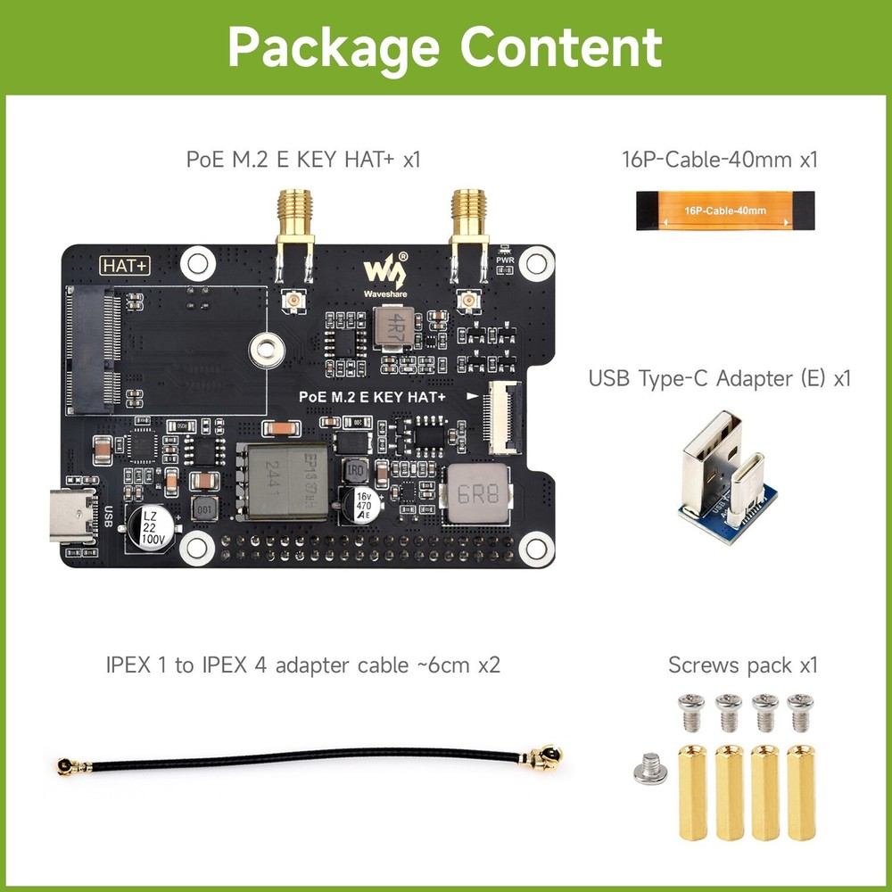 Waveshare PCIe To M.2 E KEY Adapter With PoE Function for Raspberry Pi 5 PCIe