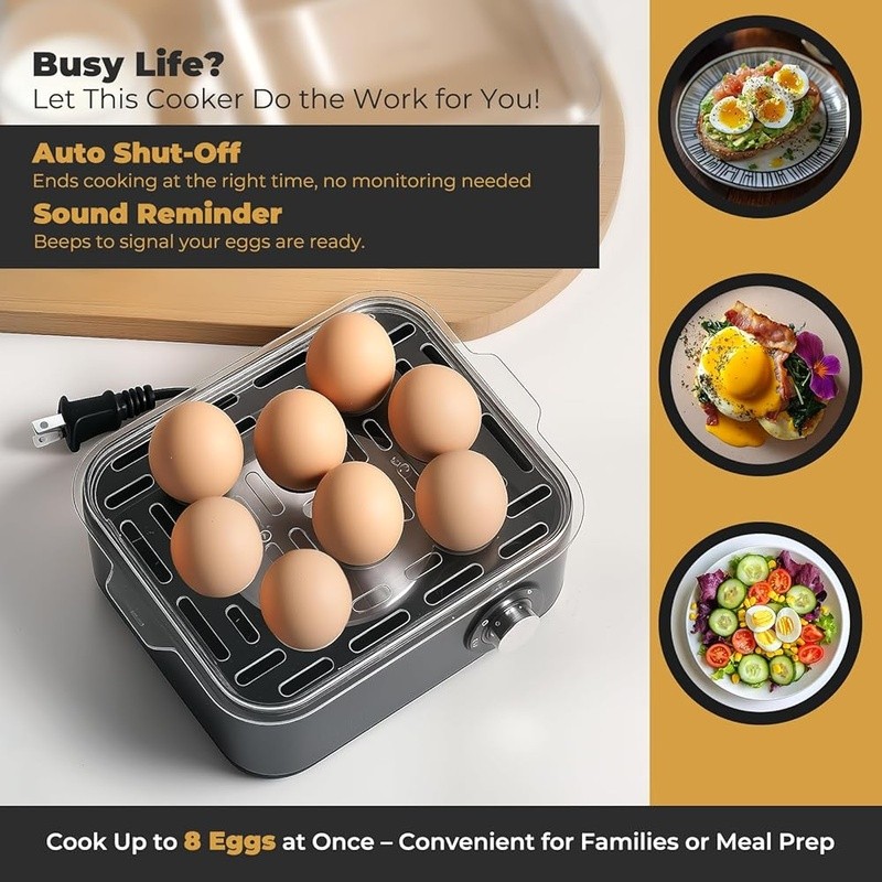 Egg Cooker 8 Egg Capacity Knob Control Soft Medium Hard Boiled Easy Clean New