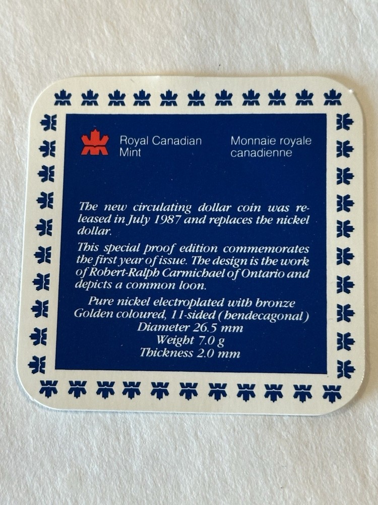 1987 $1 Proof Canada Loon Dollar with Box & COA