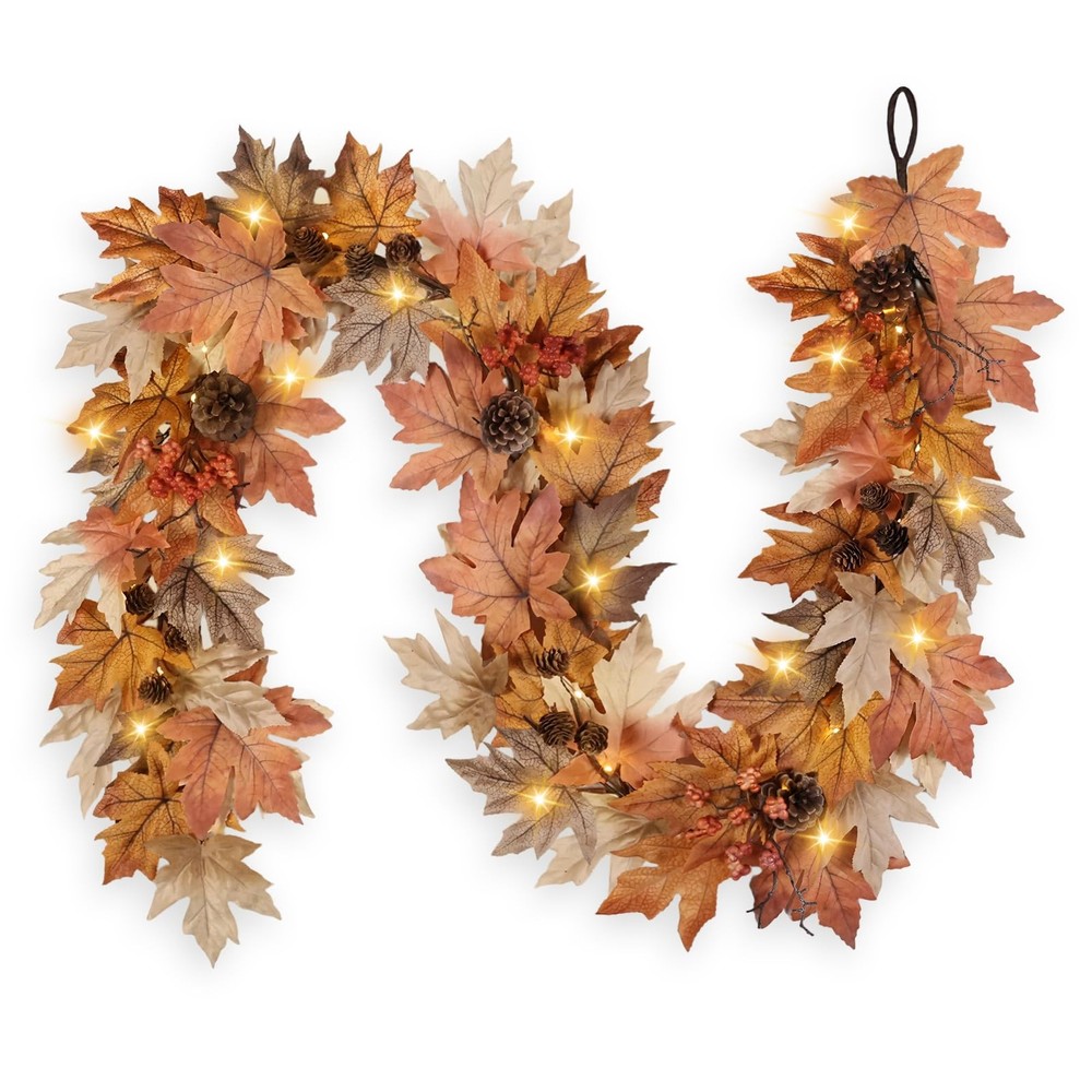 6 FT Fall Garland with Lights Timer Function Fall Leaves Garland with Berries...