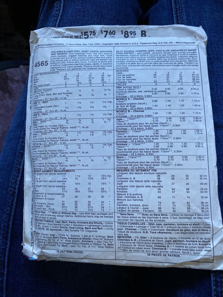 kids Lined Clothes Cut 4565 McCalls Size 4 Sewing Pattern