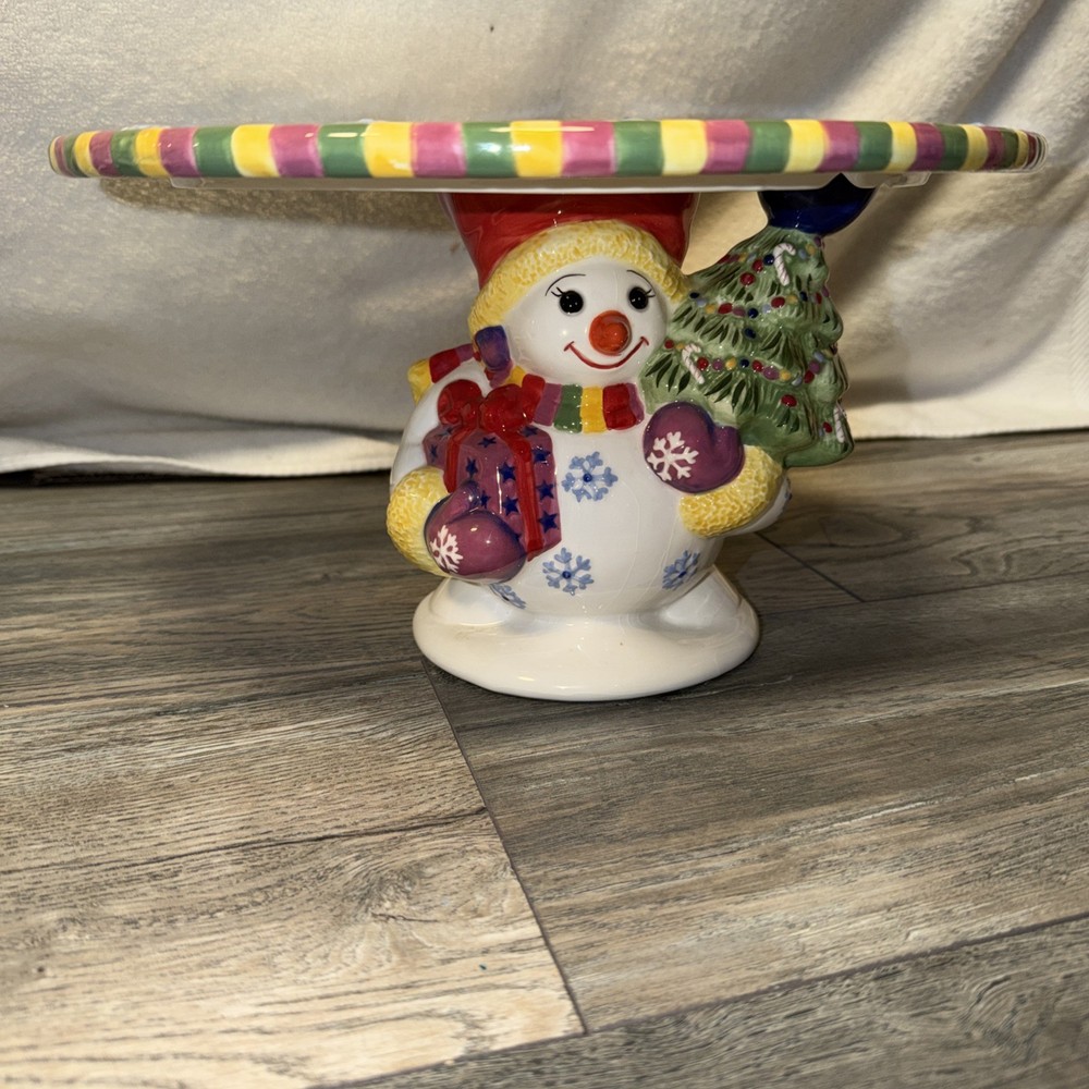 CHRISTOPHER RADKO HOLIDAY TRADITIONS SNOWMAN FOOTED CAKE PLATE