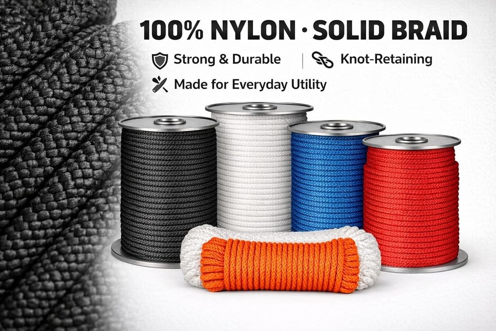 Solid Braid Nylon Rope – 100% Nylon Utility Rope – Strong, Durable, Knot-Reta...